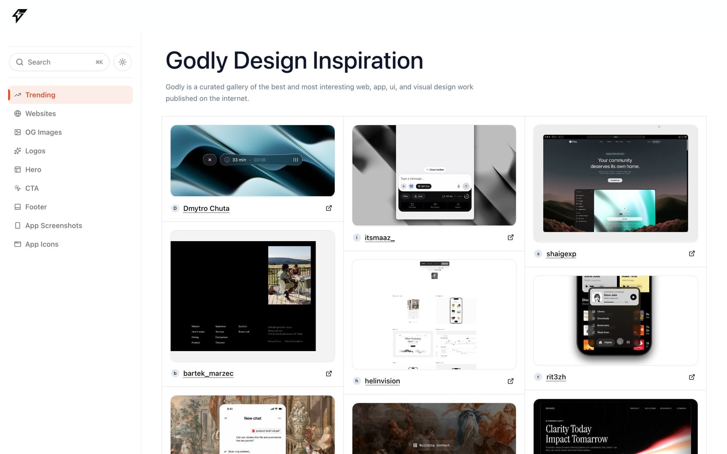 Screenshot of the Godly website