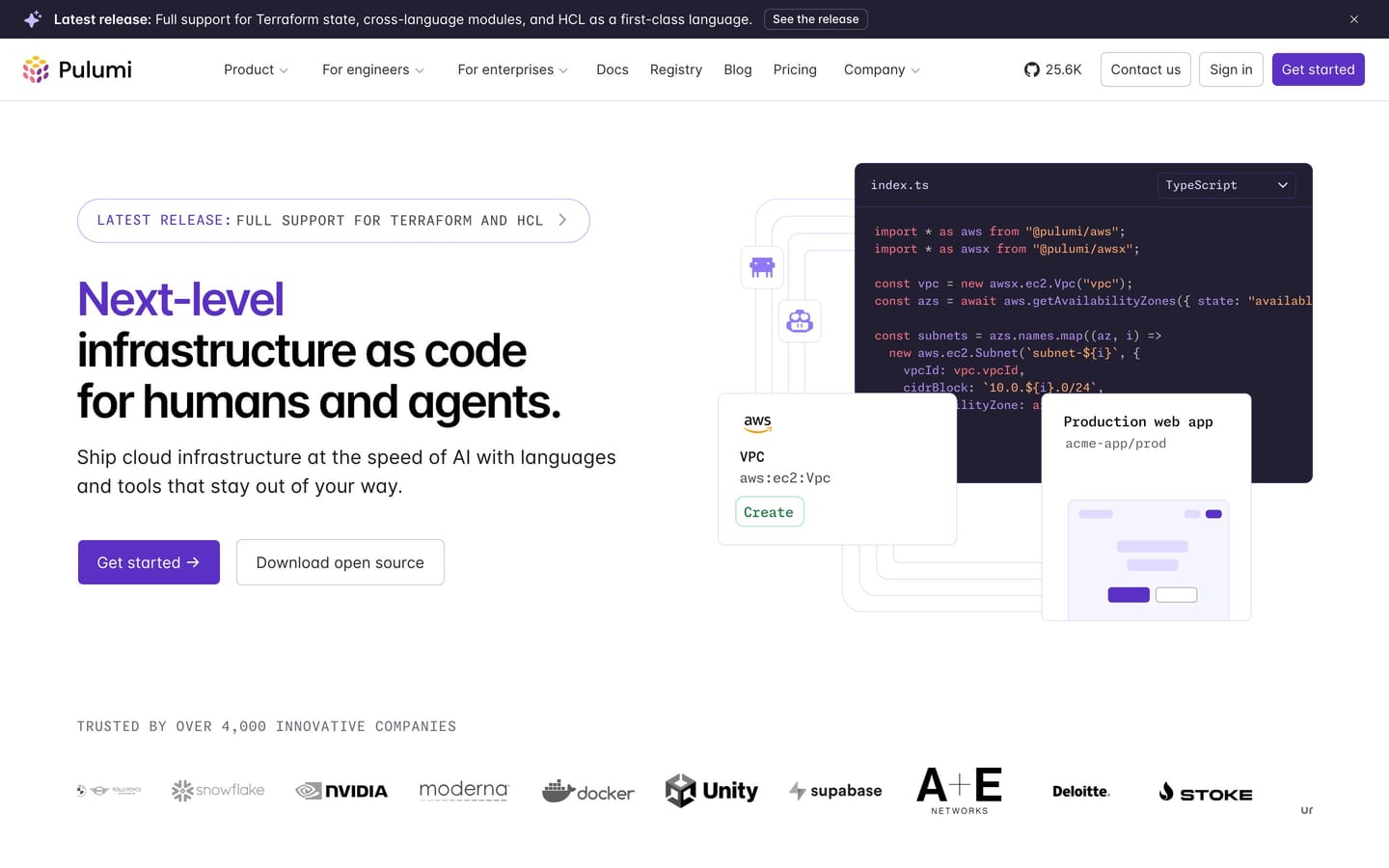 Screenshot of the Pulumi website