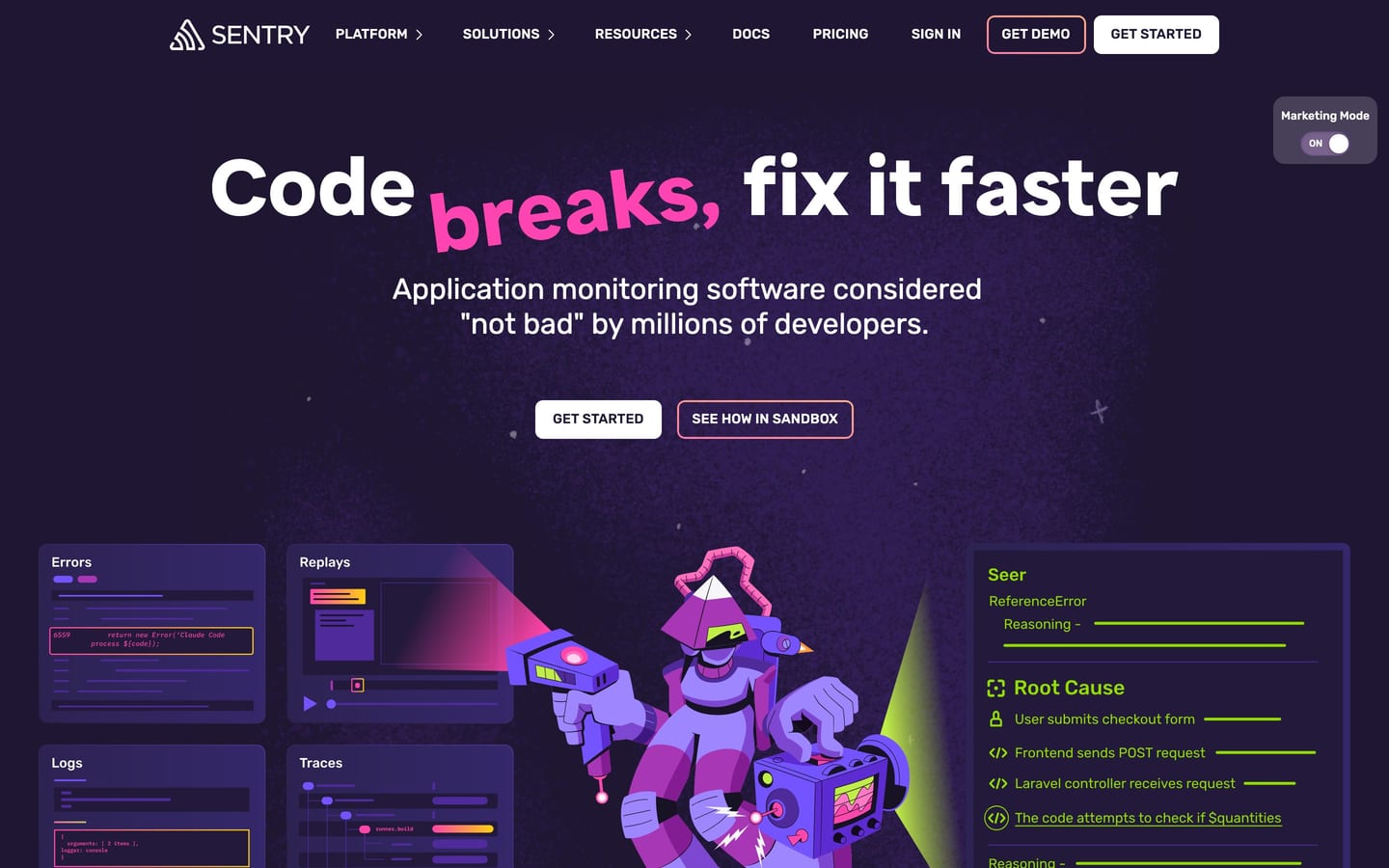 Screenshot of the Application Performance Monitoring & Error Tracking Software website