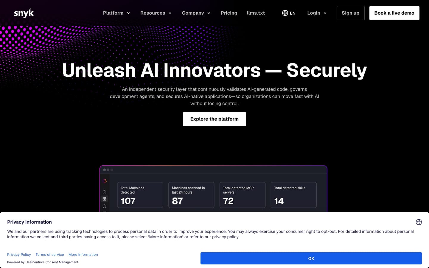 Screenshot of the Snyk website