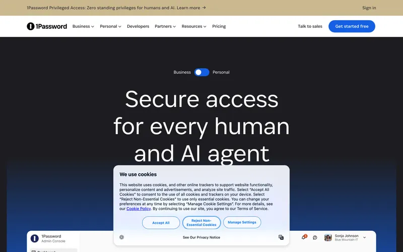 Screenshot of the 1Password website