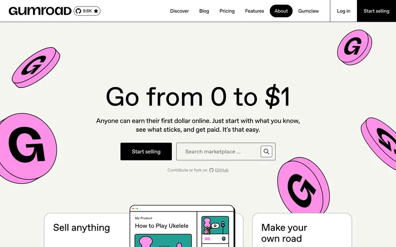 Screenshot of the Earn your first dollar online with Gumroad website