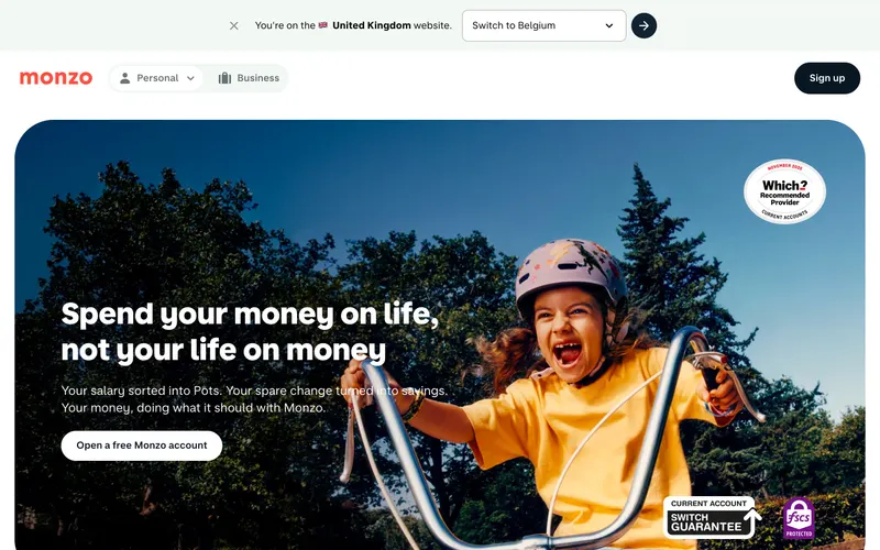 Screenshot of the Monzo website