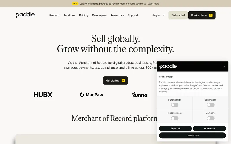 Screenshot of the Paddle website