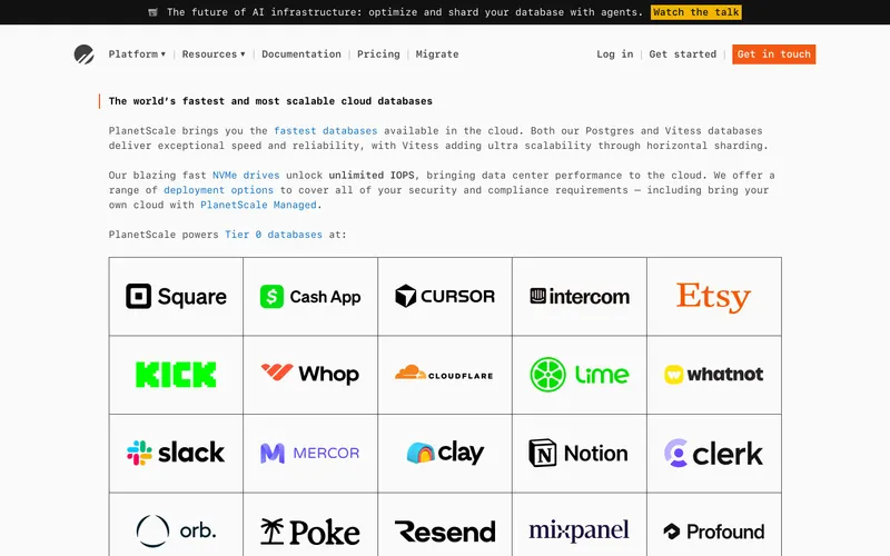 Screenshot of the PlanetScale website
