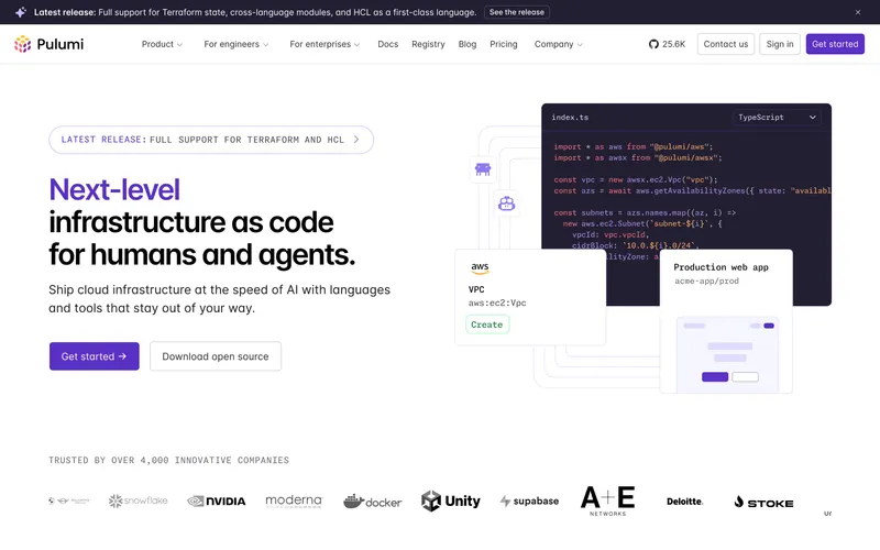 Screenshot of the Pulumi website