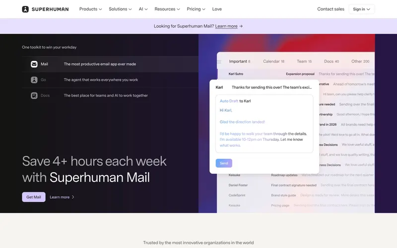 Screenshot of the Superhuman: Docs, Mail, and AI That Work Everywhere website