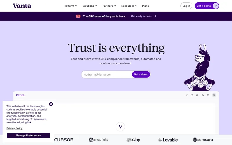 Screenshot of the SOC 2, HIPAA, ISO 27001, PCI, and GDPR Compliance website