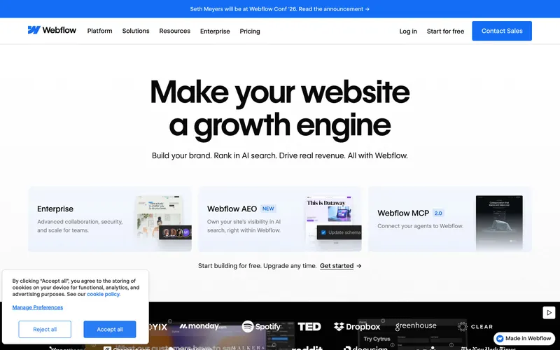 Screenshot of the Webflow: The agentic web platform for modern businesses website