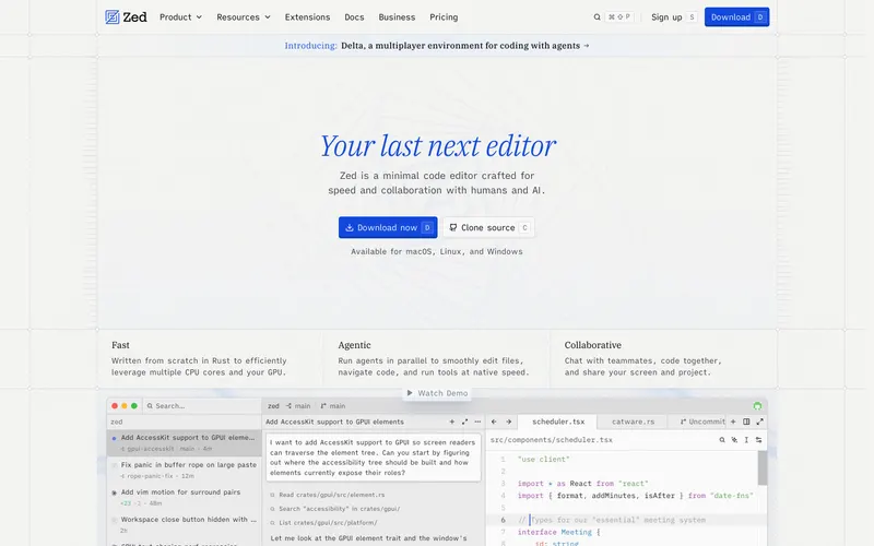 Screenshot of the Zed website